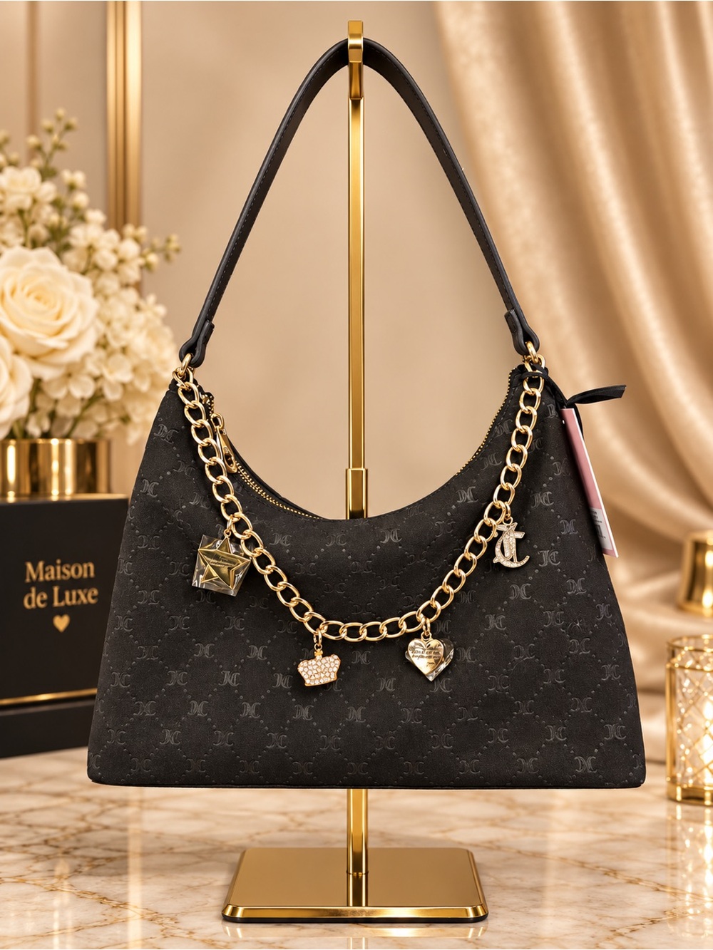 Juicy Couture Not Your Babe Hobo Bag Chocolate Brown Gold Charm Chain